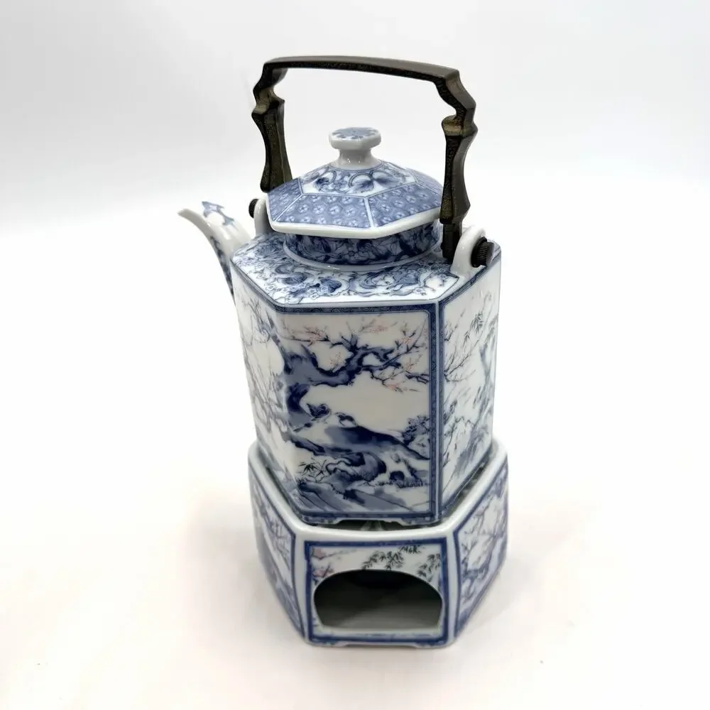 Vintage Dolphin Dynasty Blue Porcelain Hexagonal Teapot Warmer & Brass Handle